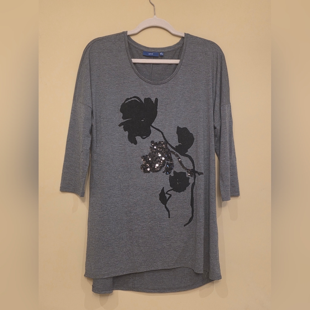 Apt 9 Velvet and Sequin Floral Tunic T-Shirt 3/4-Sleeves, Size L